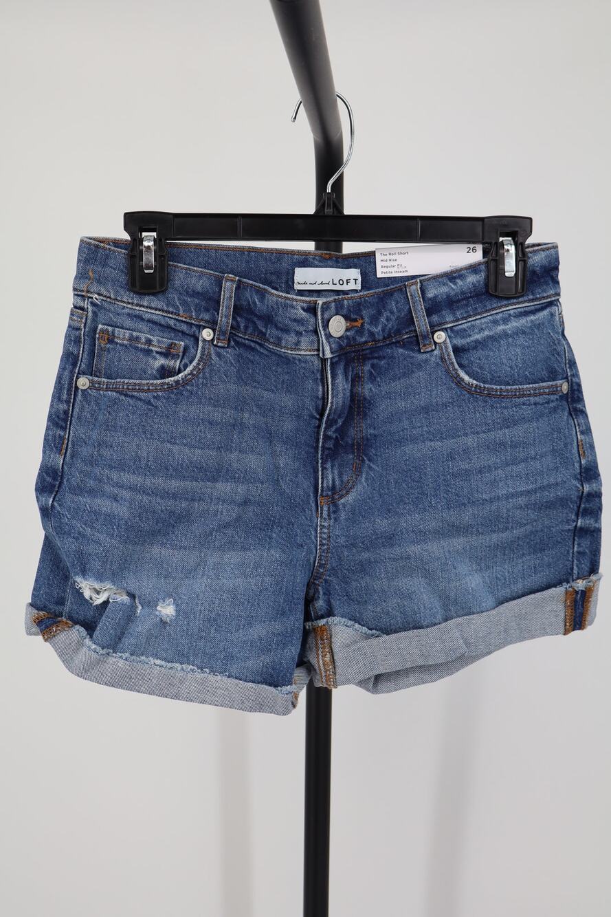 NEW LOFT The Roll Jean Shorts Women's Blue High Rise Cuffed Distressed Size 26